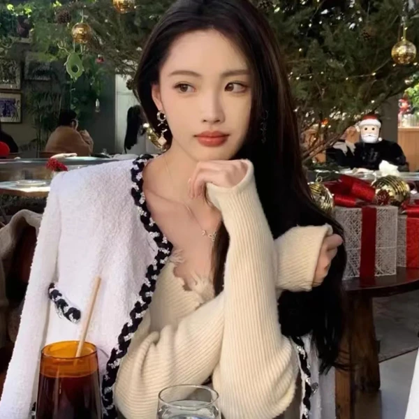 【明星同款】白色小香风外套冬装显瘦气质名媛套装粗花呢上衣406