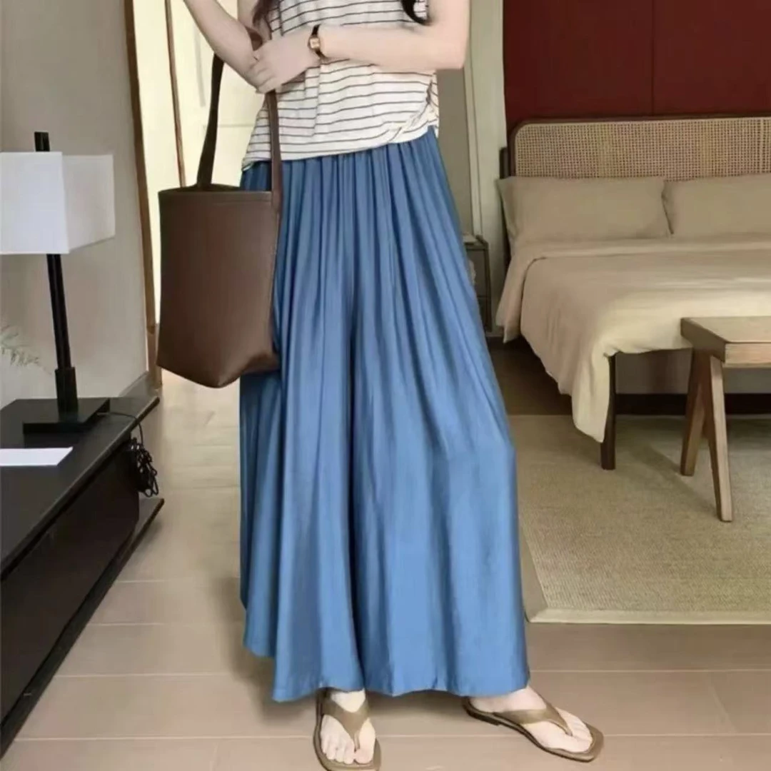 十三行欧货韩版克莱因蓝高腰大阔腿慵懒裤裤裙长款垂坠感蓝色裙裤