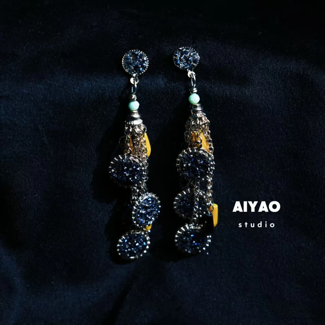 合金耳饰 【AIYAO】小中古蓝流苏耳钉B22