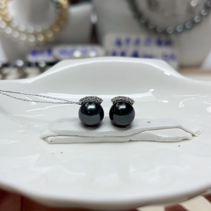 海水珍珠漏大溪地睫毛耳钉9-10mm银S925镶嵌