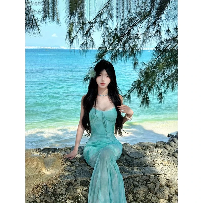 法式浅绿色印花网纱吊带连衣裙女夏海边度假纯欲性感鱼尾包臀长裙
