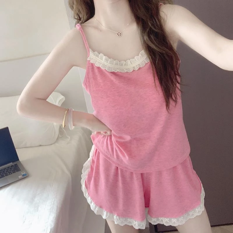 带胸垫纯欲风花边睡衣女夏季新款性感吊带短裤雪花彩棉家居服睡裙