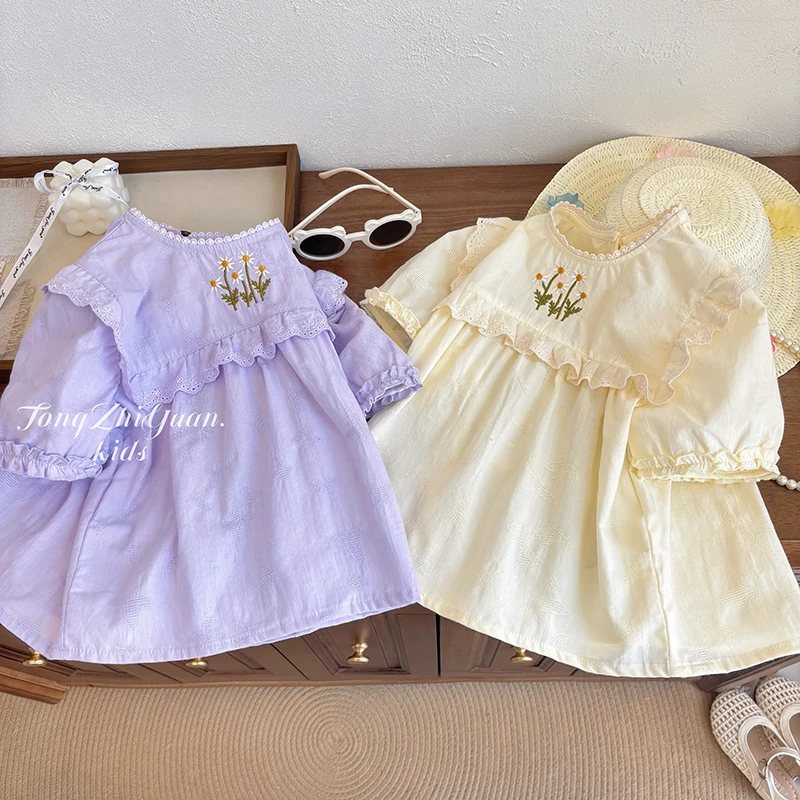 女童新款夏季时尚洋气花边袖衬衫上衣女宝宝夏季刺绣衬衫欧若风潮