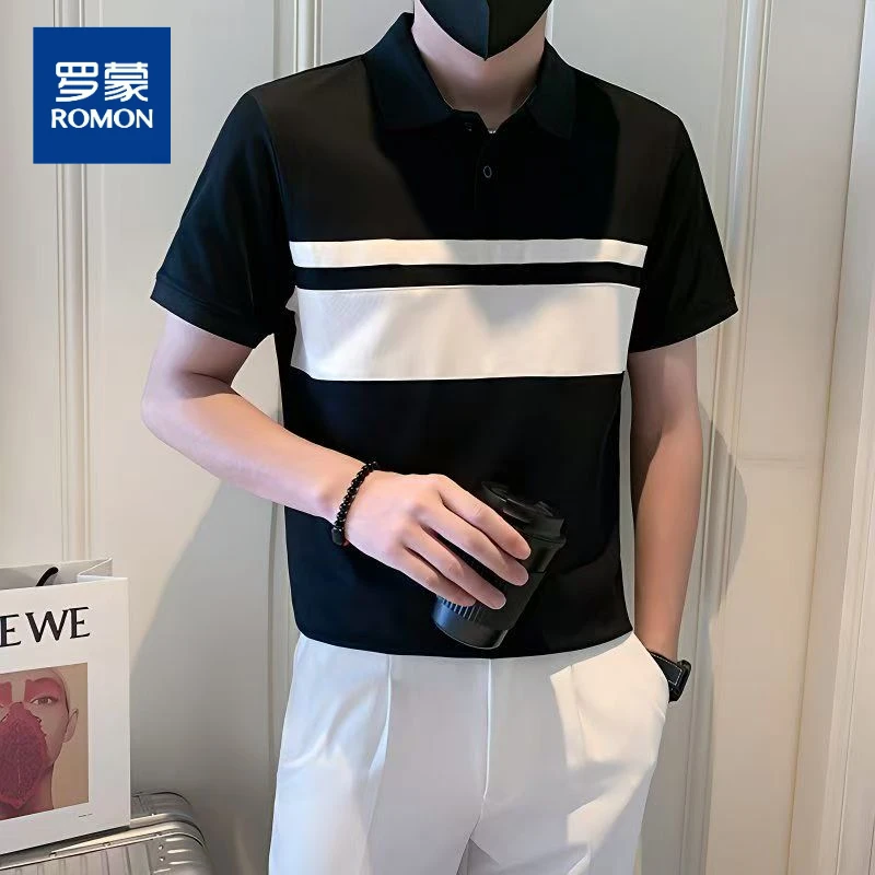 罗蒙黑白拼色男士Polo衫夏季高级感轻熟风衬衫领T恤休闲翻领短袖