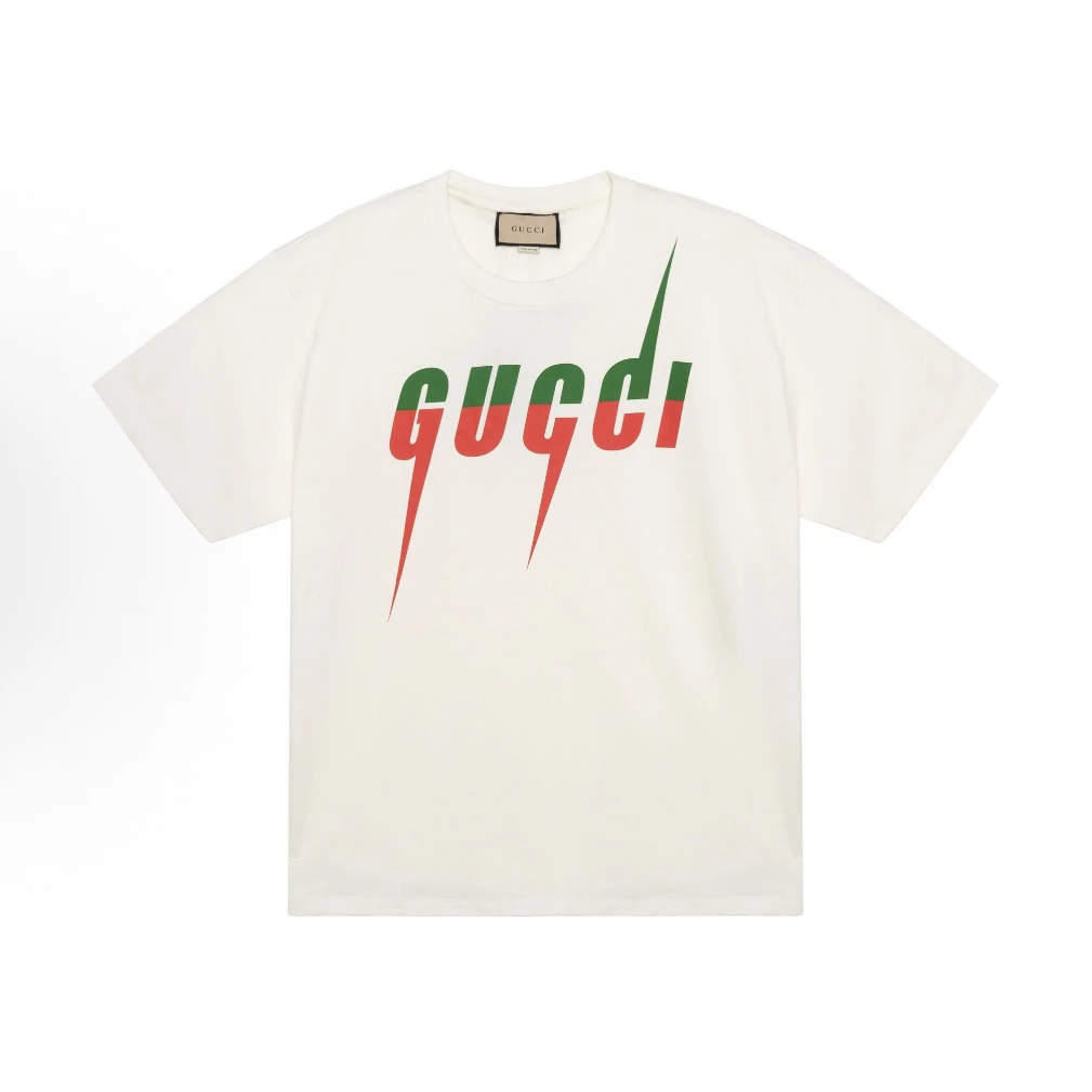 全新未使用 GUCCI/古驰 红绿闪电锋刃印花短袖 男女同款 米白色