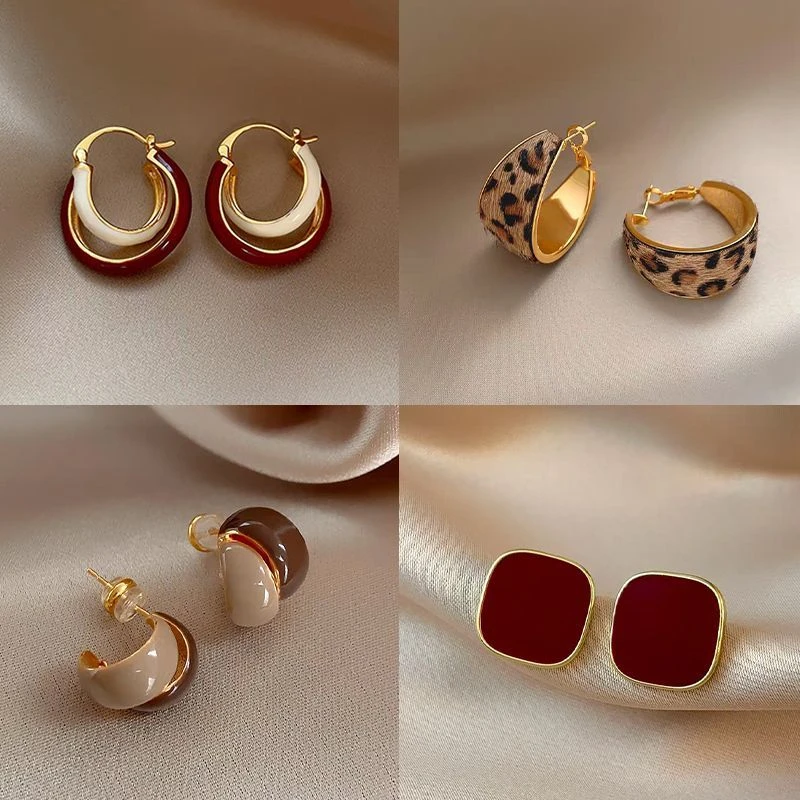 法式复古酒红撞色耳扣小众设计感气质耳环秋冬高级感轻奢百搭耳饰