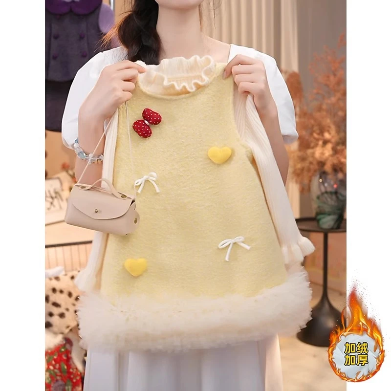 女童卡通小香风连衣裙秋冬款半高领毛衣花边背心加厚加绒公主裙子