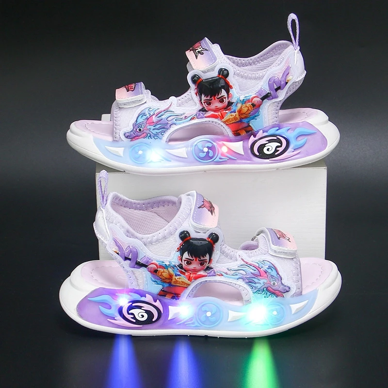 ABC哪吒大童软底设计夏季休闲凉鞋带灯防滑女童宝宝款儿童鞋包头