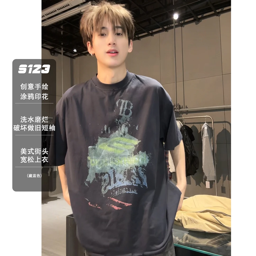 巴黎25SS新品 美式潮流磨烂做旧短袖男纯棉宽松涂鸦印花T恤