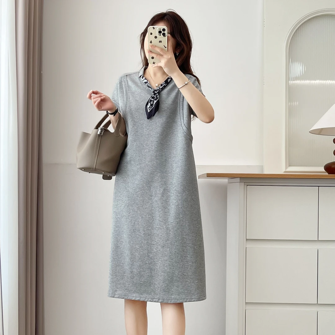 大码女装胖mm休闲丝巾直筒连衣裙夏季宽松v领显瘦中长款卫衣裙子