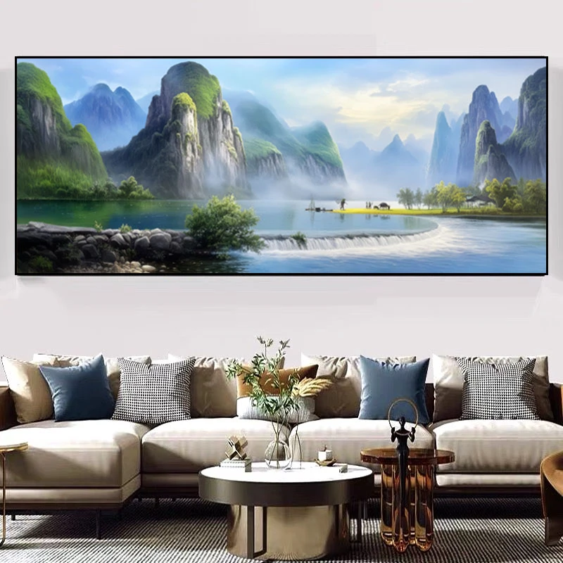 桂林山水客厅沙发背景墙挂画晶瓷手工立体镶钻晶瓷镶钻画山水画