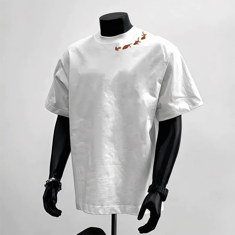 夏季纯棉重磅不透白色短袖t恤美式潮牌ins半袖宽松锁骨金鱼上衣