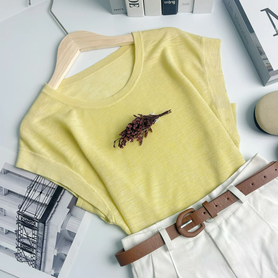 玲姐定制-字母刺绣小飞袖针织衫薄款微透宽松显瘦针织短袖114820