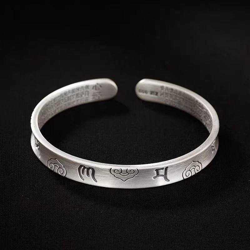 足银手镯 足银六字真言心经手环纯银手镯复古个性男女情侣潮流