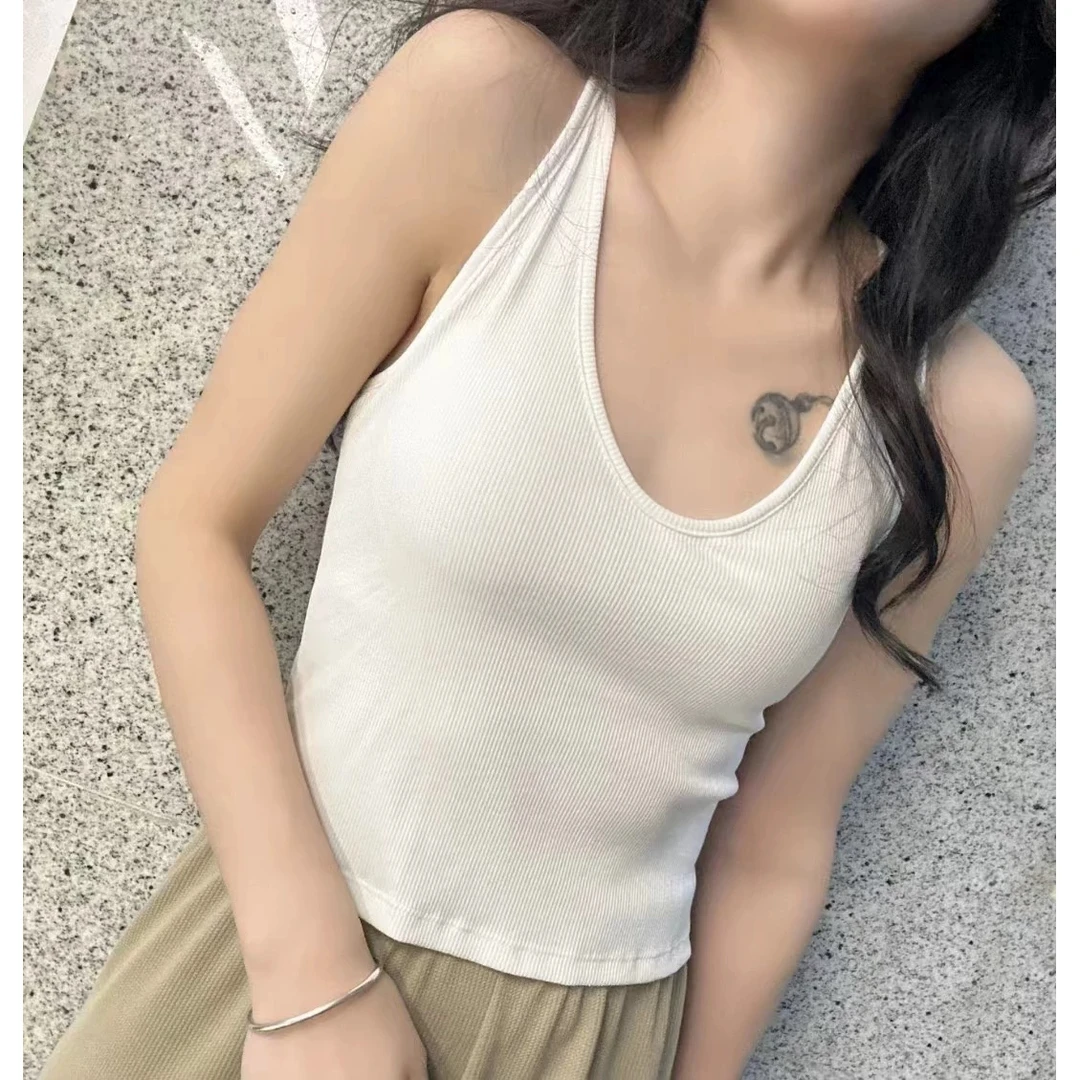 2025简单纯色显瘦打底吊带小背心女深V领带胸垫女士内搭美背