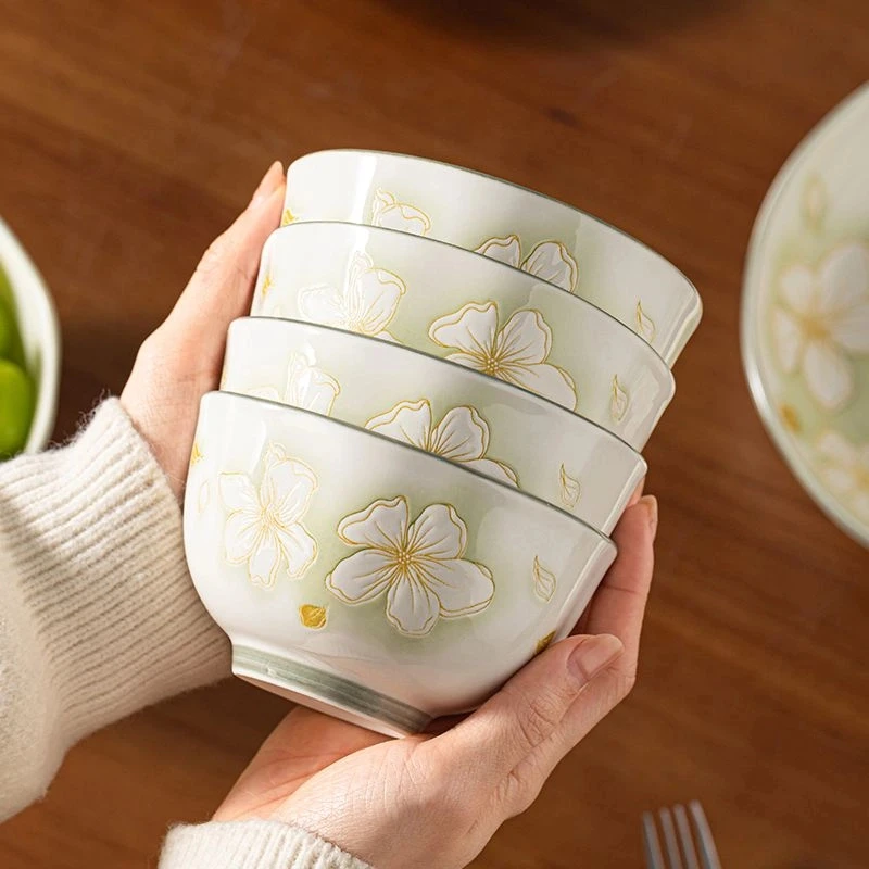【黄金叶】家用吃饭陶瓷碗菜盘浮雕釉下彩简约汤饭碗中式防烫米饭碗