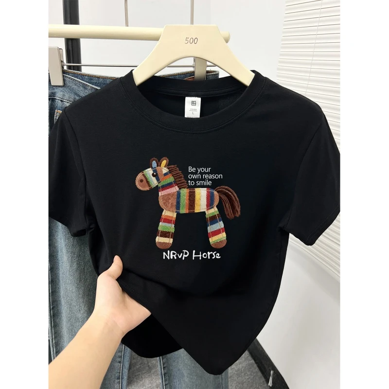 胖mm正肩大码短袖t恤女新款韩系设计感小马印花洋气圆领显瘦上衣