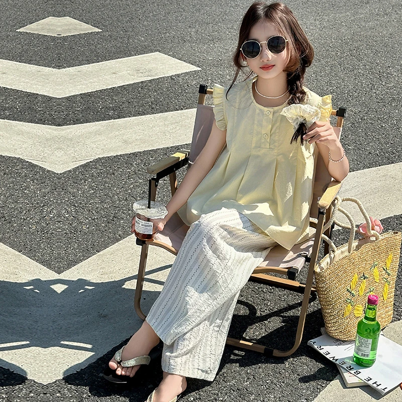 女童套装夏装2025新款儿童洋气时髦夏季大童小飞袖娃娃衫两件套潮