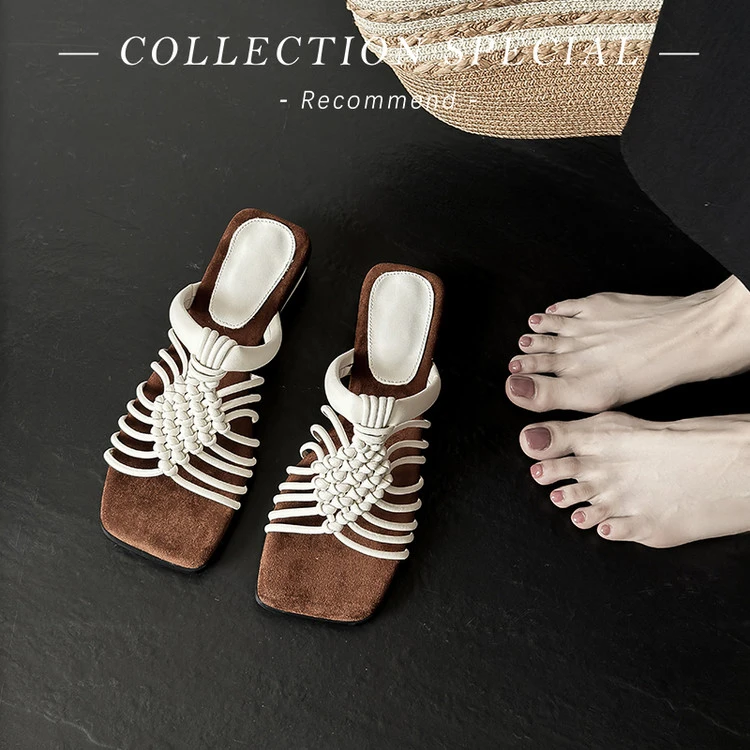 【米兰】3CM编织细带罗马凉拖鞋女夏季外穿粗跟露趾方头配裙子凉鞋