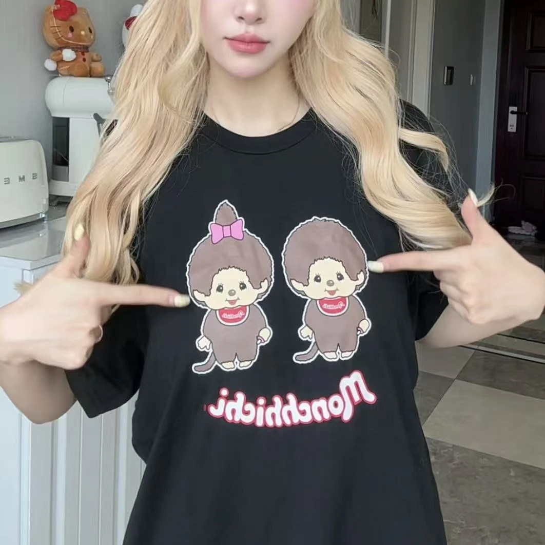 【东京限定】Hello Kitty 蒙奇奇小男孩 小女孩 卡通印花 黑色短袖