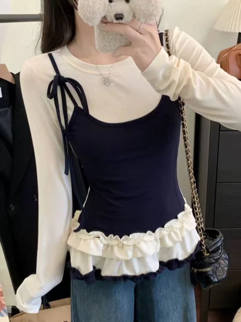 大码女装显瘦拼接假两件绑带收腰修身木耳边撞色长袖小衫6713气质