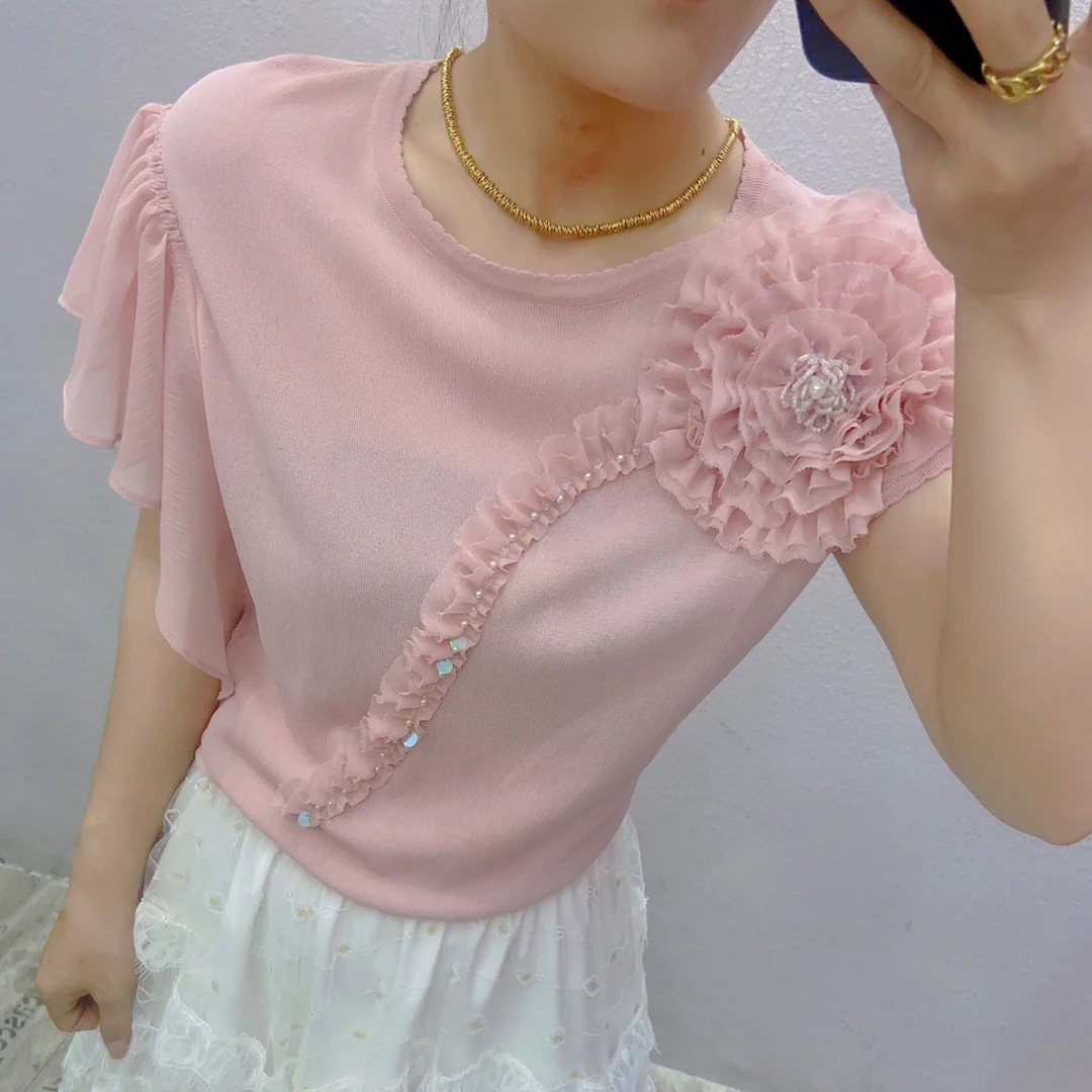 花朵23039上衣百搭时尚气质洋气网红荷叶边甜美韩版拼接上衣