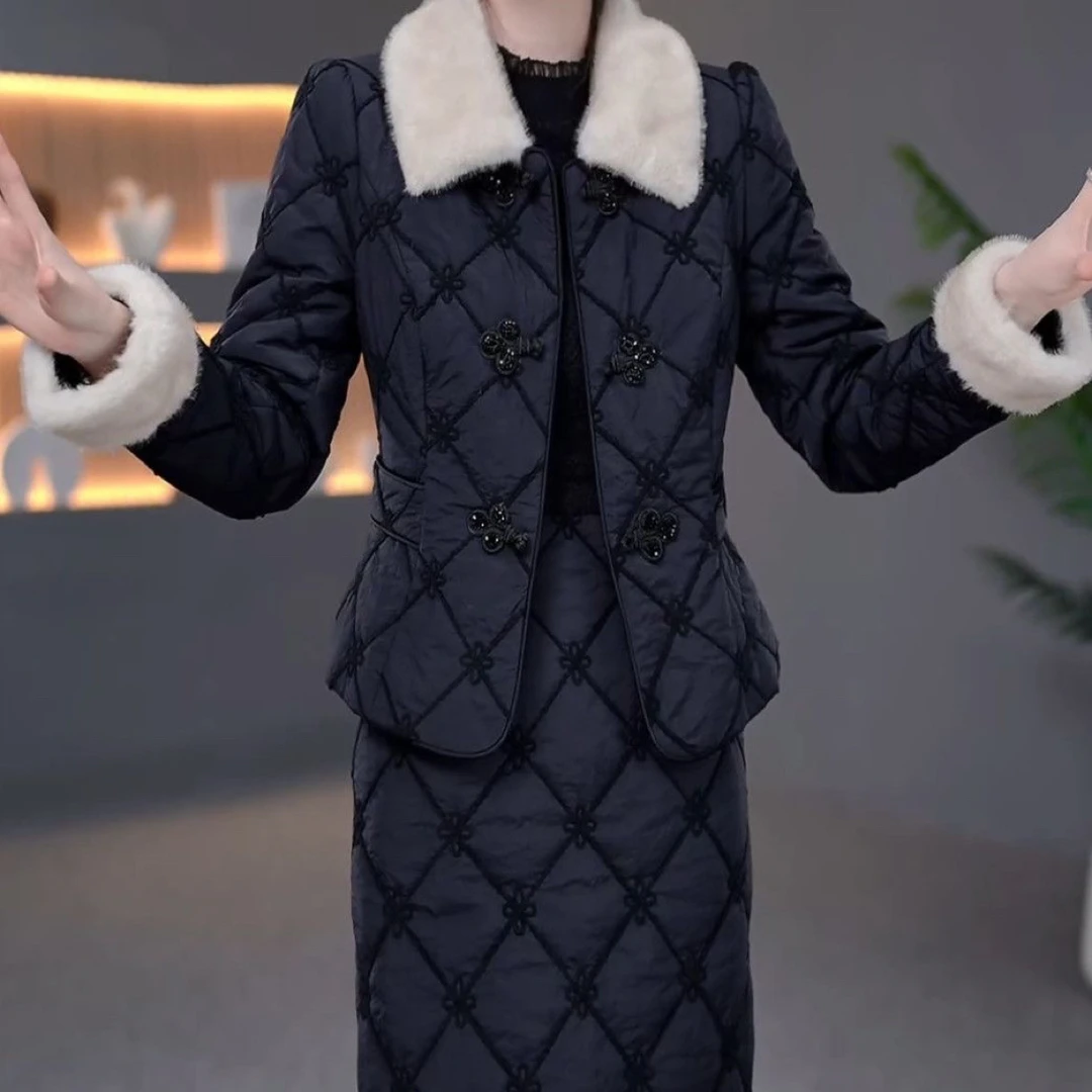 高级蓄热棉免洗国风棉服礼服裙2025冬季新款优雅修身百搭保暖套装