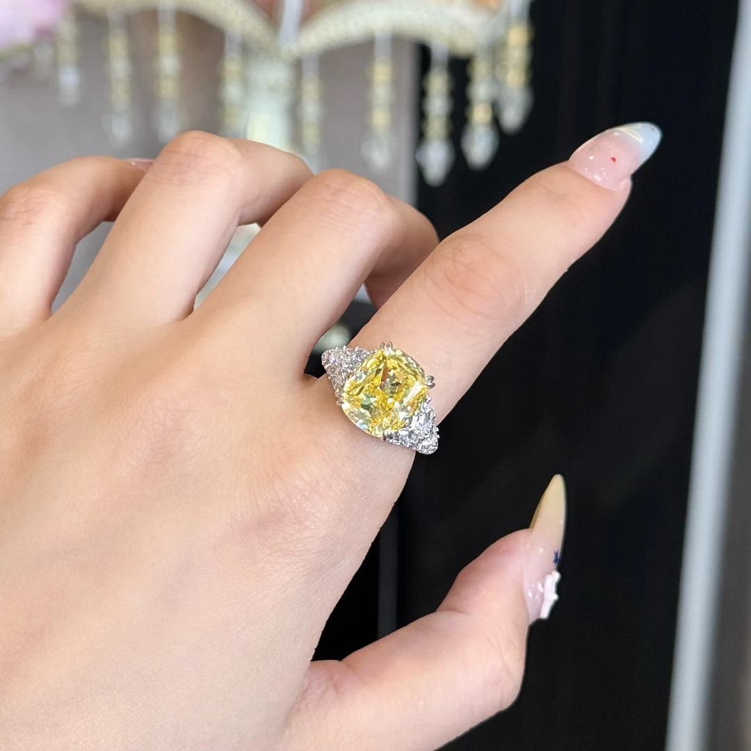 925银合成锆石戒指 R3826【东方既白】满钻镶枕形柠檬黄色精致戒指1