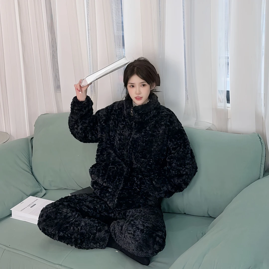 秋冬女士海豚绒加绒保暖冬款立领拉链款家居服套装睡衣加厚宽松