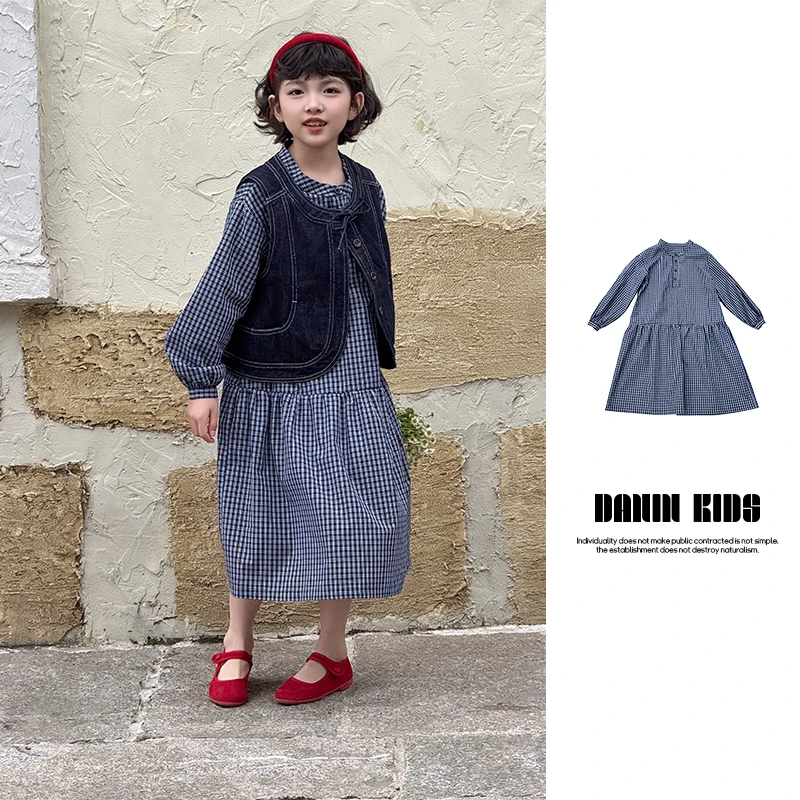 【嗒囜】女童春季时尚百搭长袖格子衬衫裙儿童韩版复古气质连衣裙