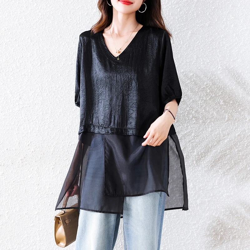 大码高级感时尚气质中长款拼接短袖t恤女夏简约宽松百搭休闲上衣