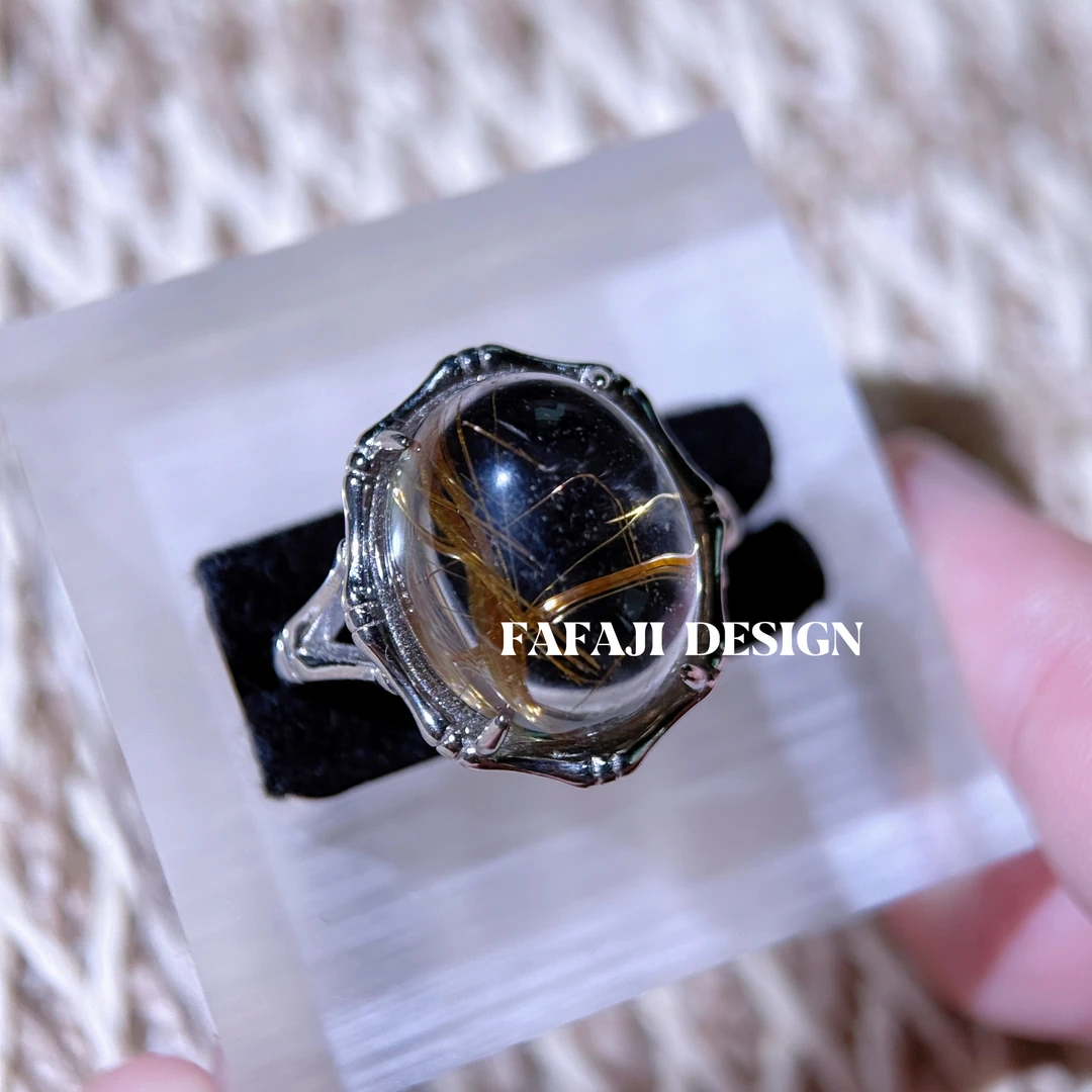 925银戒指 镶嵌金发晶