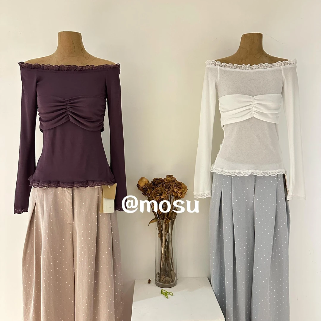 900939（mosu.新款）一字肩蕾丝拼接气质修身上衣