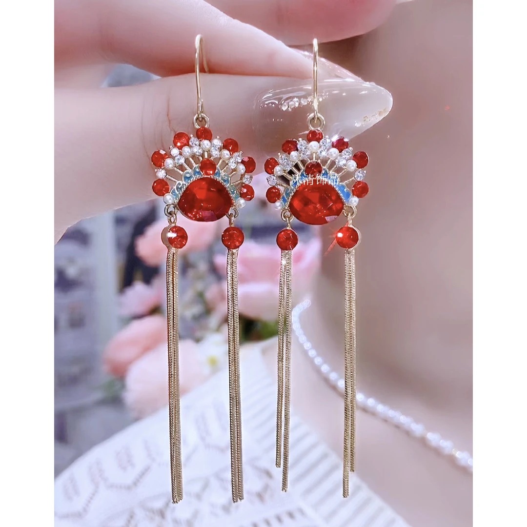 铜合金合成锆石耳饰 时尚轻奢设计感中国风凤冠流苏耳环