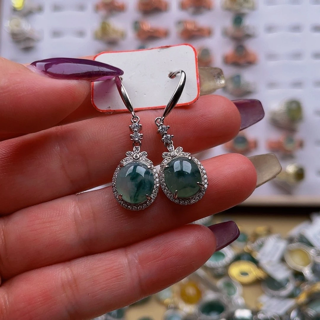 翡翠银S925镀金镶嵌耳饰666666666