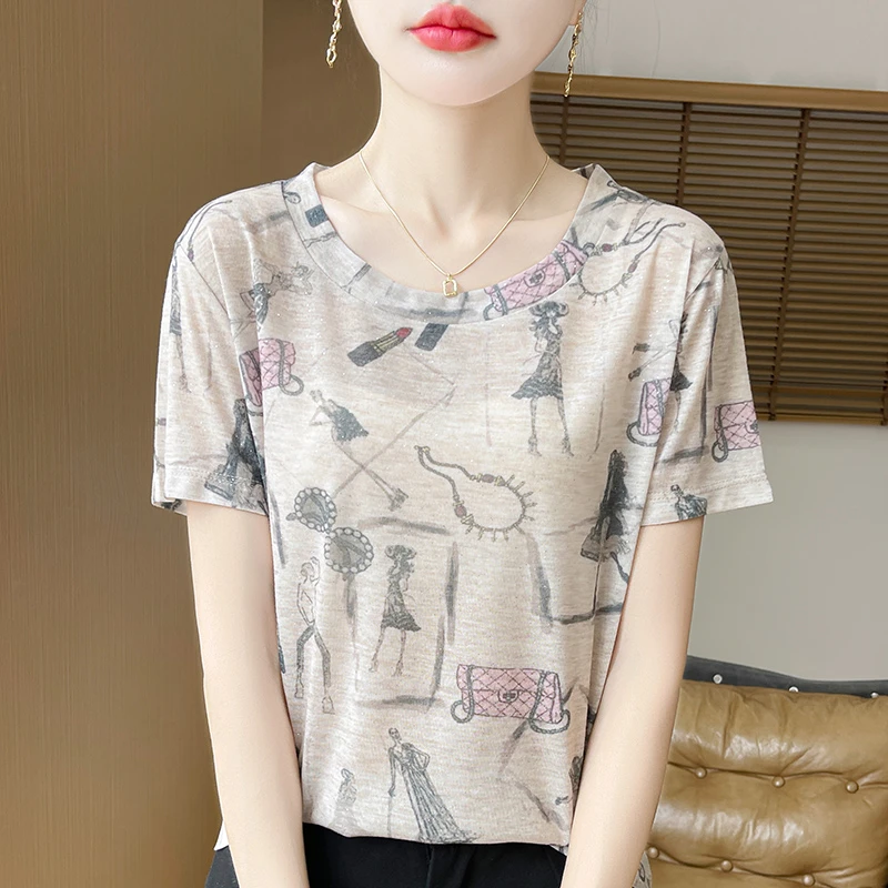 【莱赛尔】高品质撒银印花气质显瘦圆领半袖-Z59米色涂鸦