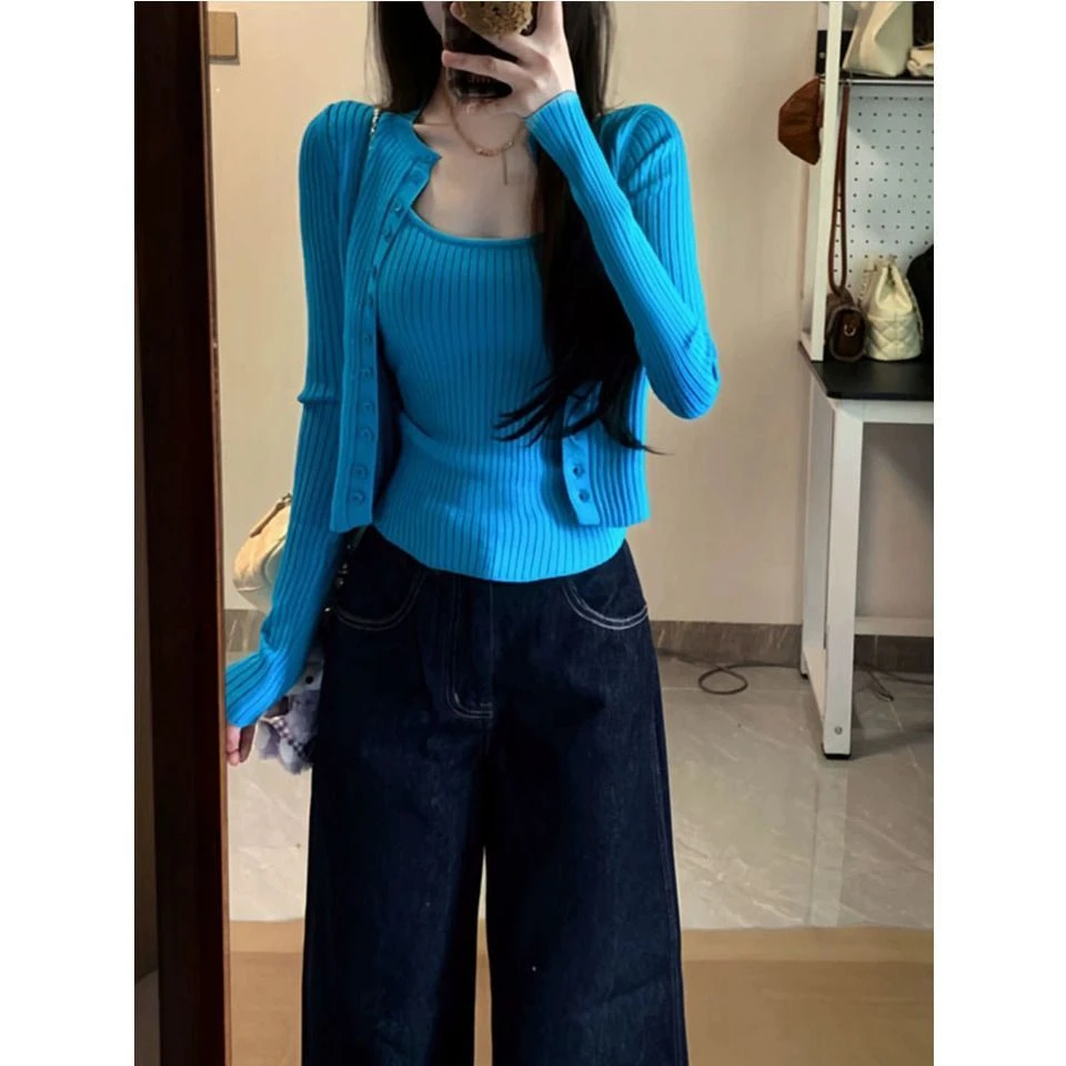 韩系辣妹蓝色上衣套装女春季新款修身显瘦针织开衫吊带背心两件套