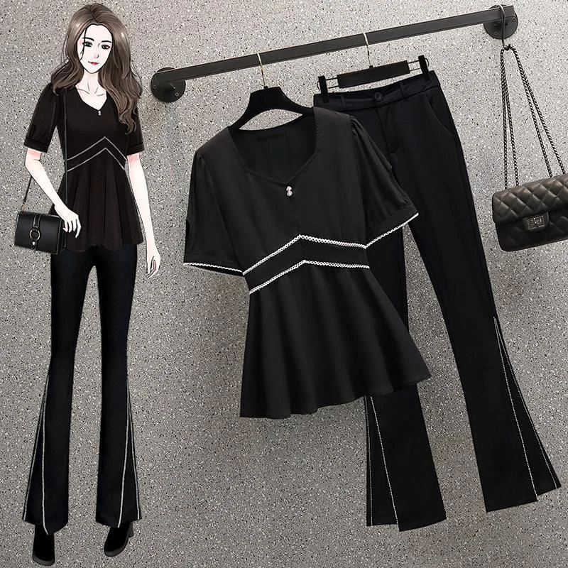 胖妹妹显瘦遮肉套装夏大码高级感女装气质收腰v领衬衫上衣微喇裤