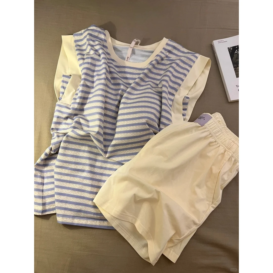 韩系甜美风少女蓝白条纹带胸垫背心睡衣女夏季新款套装显白家居服