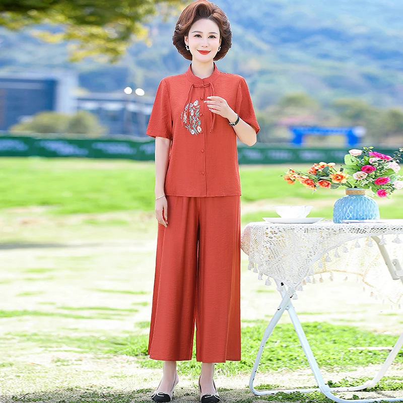 新款妈妈夏装棉麻短袖套装女中老年国风洋气T恤衬衫两件套母亲节