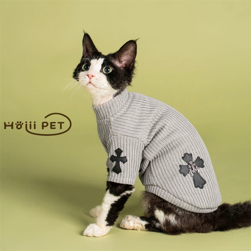 HOiii PET潮牌秋冬克罗心毛衣德文猫衣服无毛猫卫衣立领帅气保暖