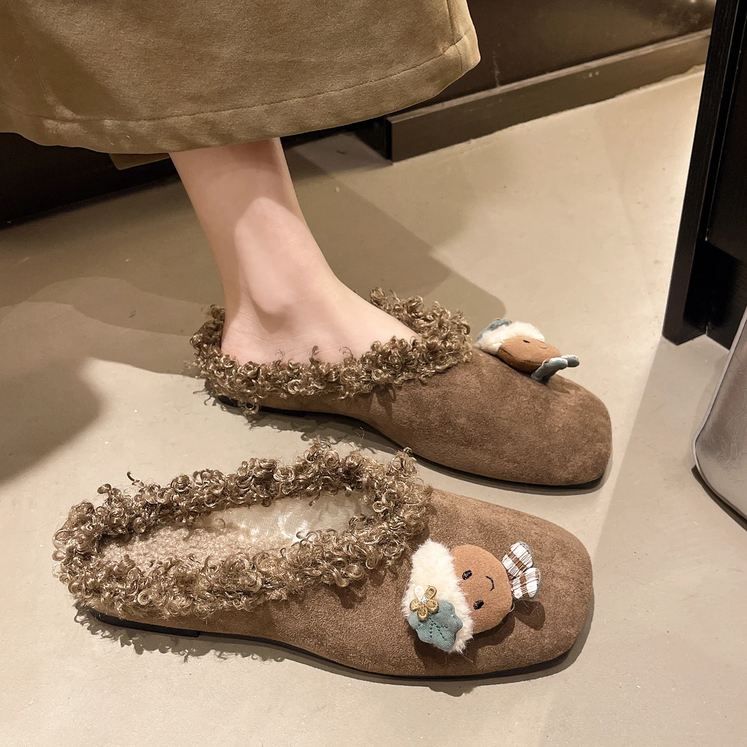 平底勃肯毛毛拖鞋女外穿一脚蹬包头加绒保暖秋冬季2025新款棉拖鞋
