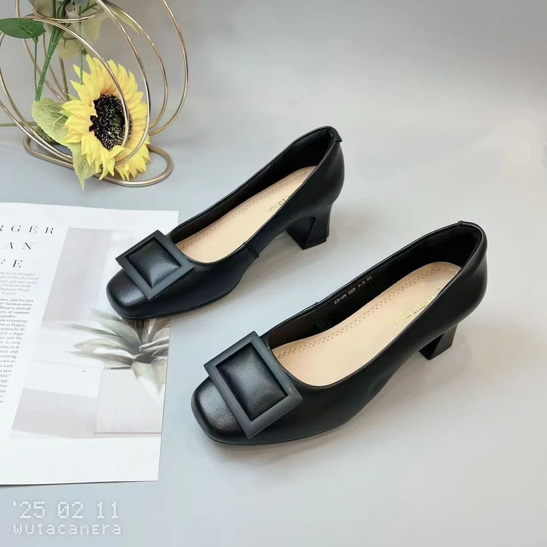 23-09 新款法式浅口高跟鞋女粗跟方头百搭单鞋