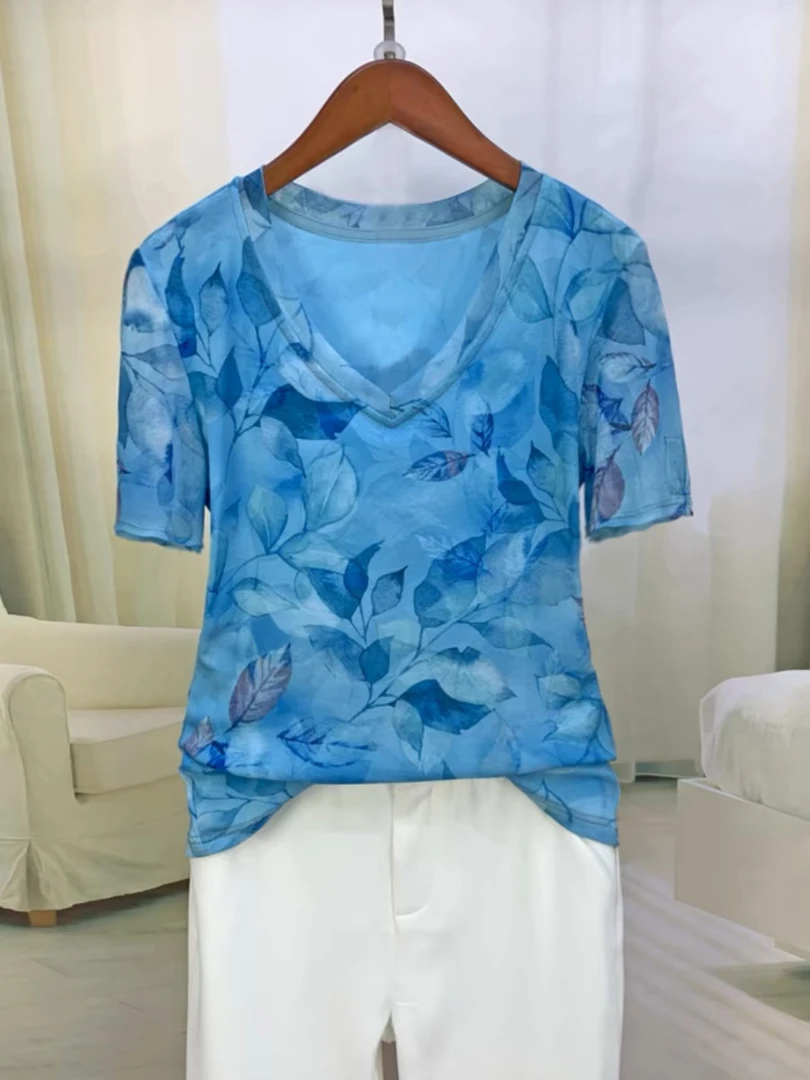 短袖t恤女2025新款夏季v领上衣修身印花网纱洋气A2124
