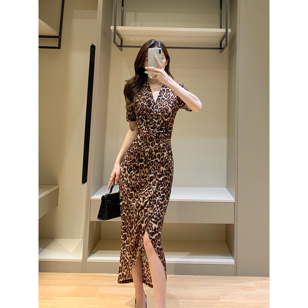 豹纹连衣裙夏季新款领短袖收腰修身中长包臀裙子
