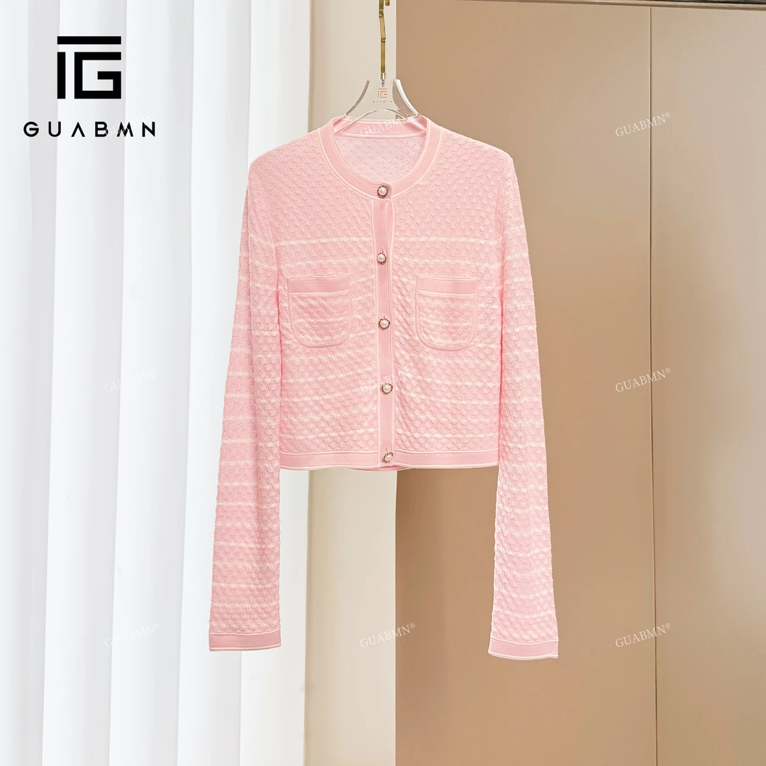 GUABMN2025春季小香风气质修身条纹针织开衫3878