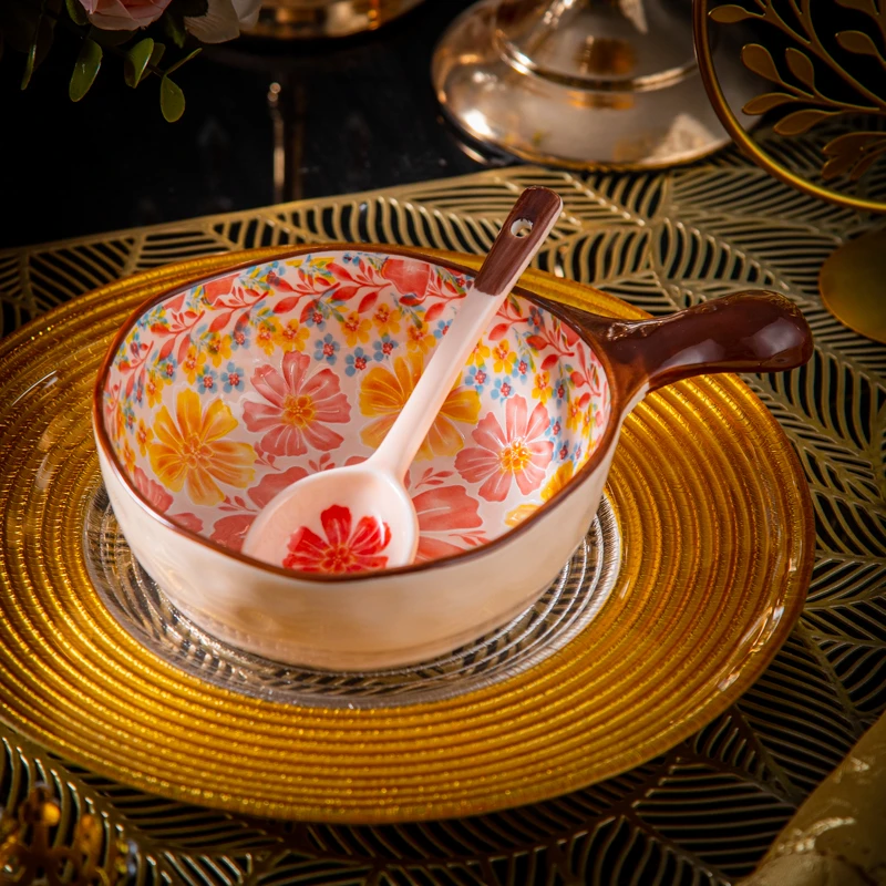 家用陶瓷餐具美二烧釉下彩蒲公英异形石头纹手柄碗带长柄勺子