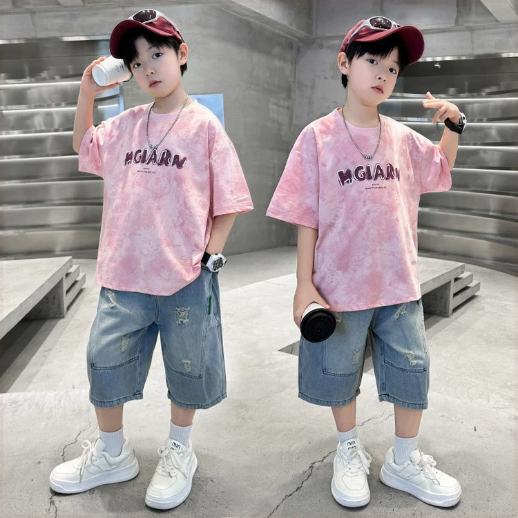 男童夏装字母短袖套装新款中大童夏季儿童牛仔中裤两件套
