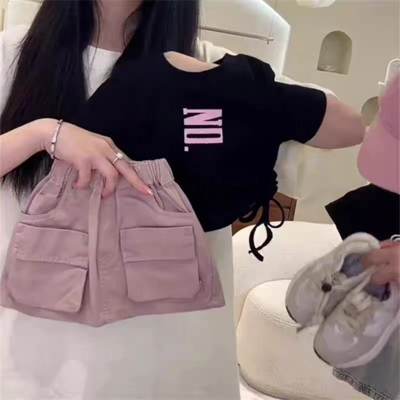 女宝宝抽绳短袖套装2024夏季新款儿1童百搭夏装女3童韩版两件套潮