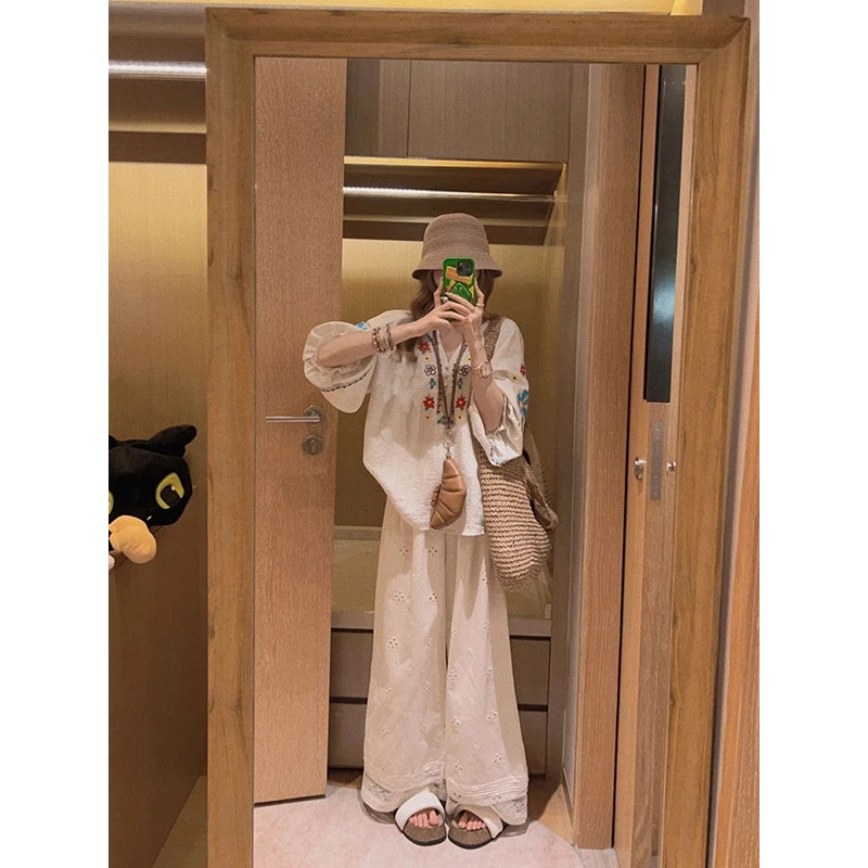 2025夏季新款波西米亚风重工刺绣衬衫上衣搭配阔腿裤显瘦两件套女